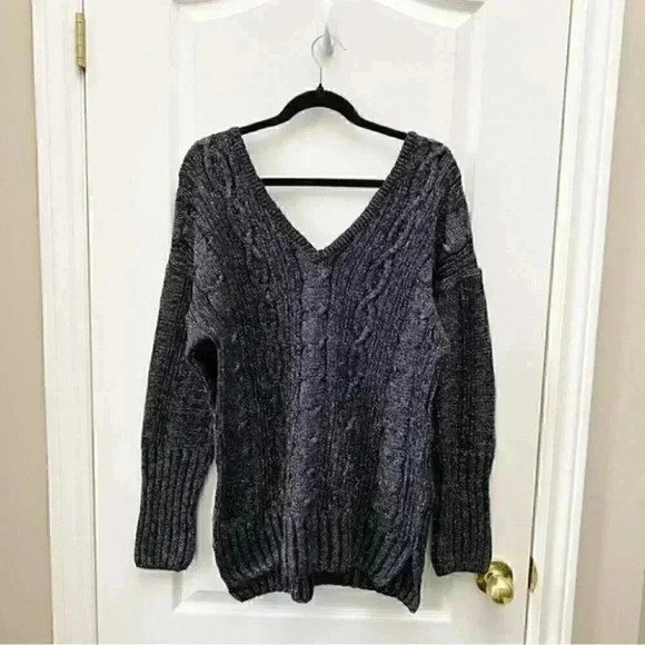 Topshop Oversized Sweater Cable Knit V Neck Tunic Black Silver Metallic Small 4 - Picture 4 of 15